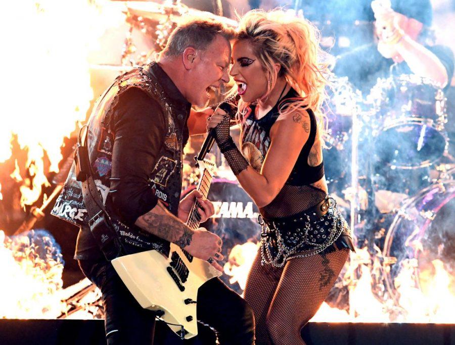 LOS ANGELES, CA - FEBRUARY 12:  Recording artists James Hetfield (L) of music group Metallica and Lady Gaga perform onstage during The 59th GRAMMY Awards at STAPLES Center on February 12, 2017 in Los Angeles, California.  (Photo by Kevin Winter/Getty Images for NARAS)
