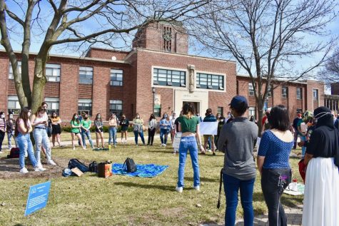 Students protest outside Grewen Hall [Photo by Olivia Poust]