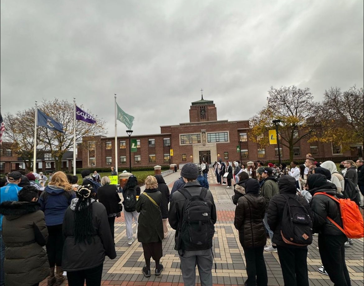 Photo via @peaceaction_lemoyne on Instagram of faculty and students at last year's walkout in support of Palestine, Nov. 9, 2023. 